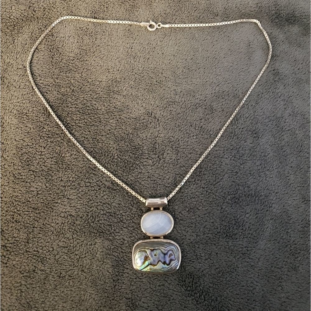 925 Necklace with Abalone & Blue Agate Pendant